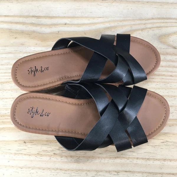 Style & Co. Sandals Womens 8 M Violette Wedge Slides Black Faux Leather Cork NEW