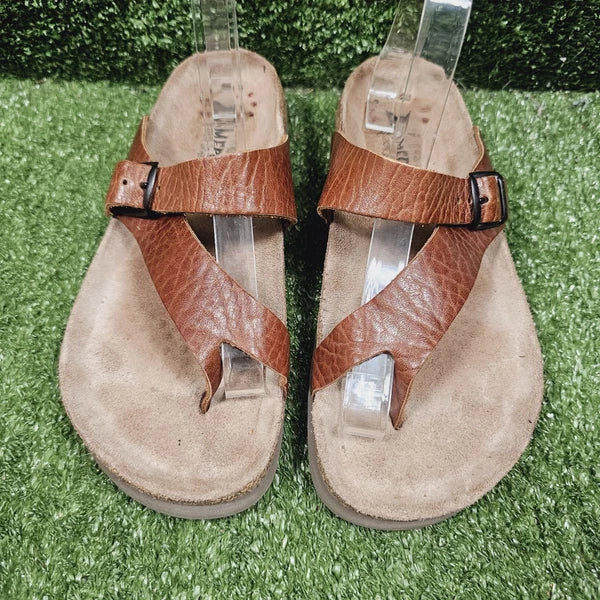 Mephisto Helen Brown Leather Toe Loop Flat Women Sandals Womens EU 38 US 8