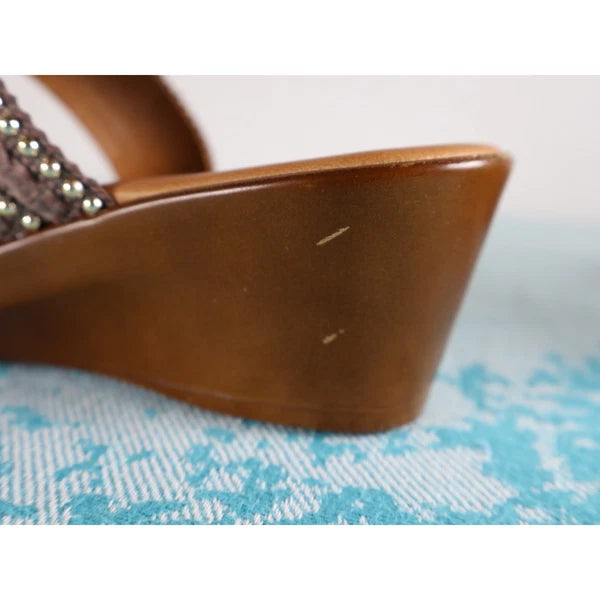 TOSCANELLA Wedge Sandals 8 Handmade in Italy Dark Brown Beaded Two Band  BOHO
