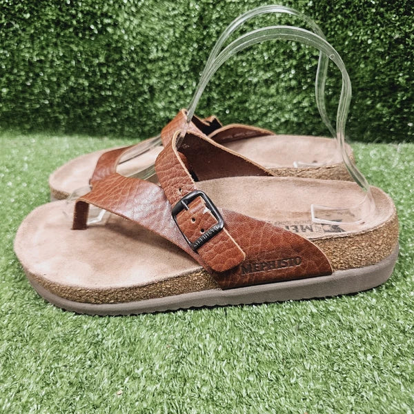 Mephisto Helen Brown Leather Toe Loop Flat Women Sandals Womens EU 38 US 8