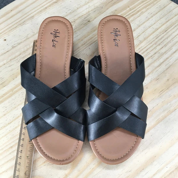 Style & Co. Sandals Womens 8 M Violette Wedge Slides Black Faux Leather Cork NEW