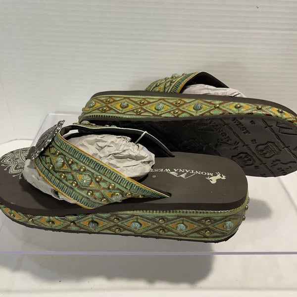 Montana West Green/Brown Embossed Studs Western Style Wedge Sandals Sz8-8.5