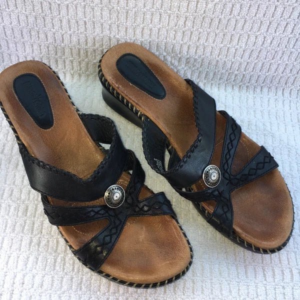 MINNETONKA BLACK LEATHER COMFORT SANDALS Womens  Sz 9 Style 70403