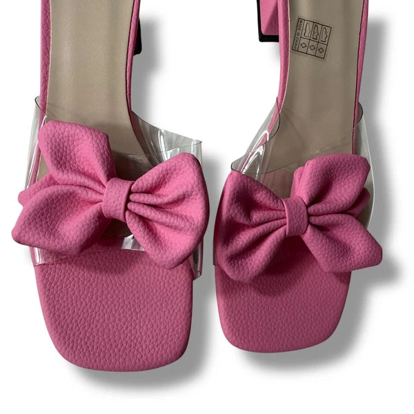 Pink Flower Sandals Slide Clear transparent Strap Block Heels Women's Sz 40/9