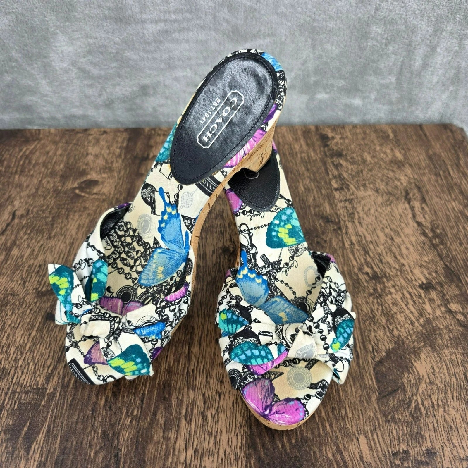 Coach Karen Heels Sandals 7 Y2K Colorful Butterfly Print Cork Bow Slide On Mules