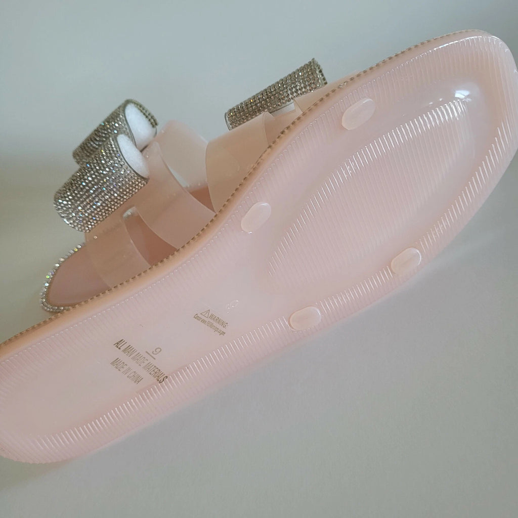 H2K Lucia Nude Fashion Jelly Slides Flip Flops Bow Sandals Bling Open Toe New