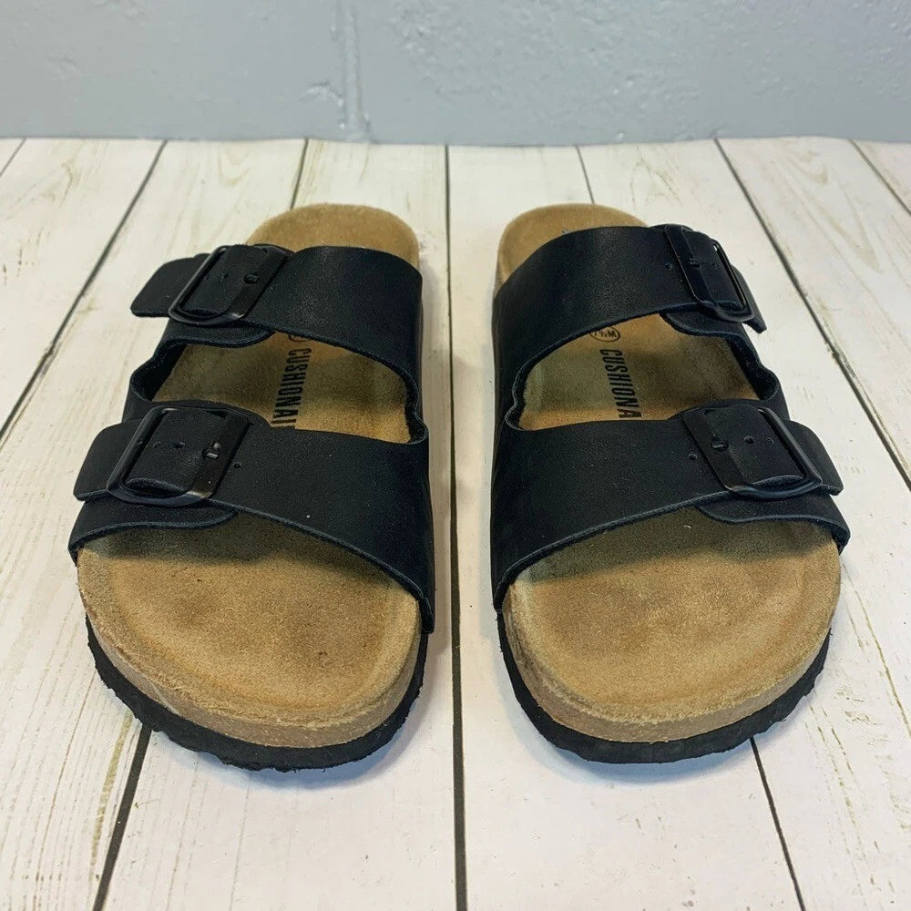 Cushionaire Lane Cork Footbed Slide Sandal Black Buckles Women's Size 7.5