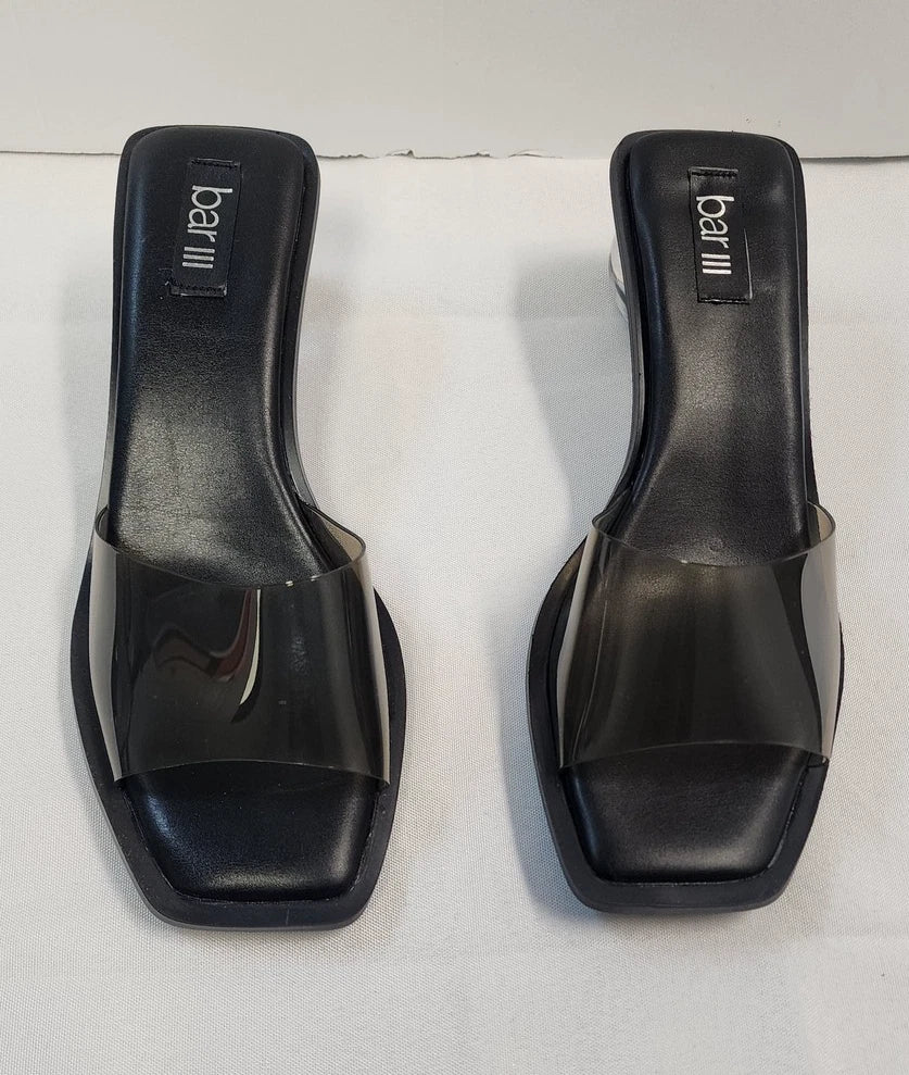 Bar III Shoes Womens Size 9M Black Clear Heel Slide Sandals Unique Modern Style