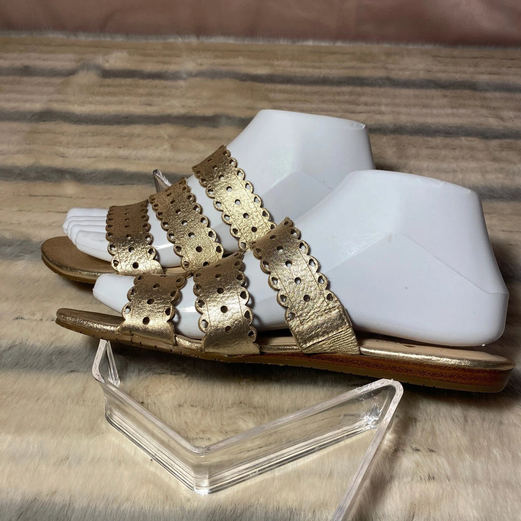 Kate Spade Brittany Gold Sandals Scalloped Straps Metallic Leather Size 7M