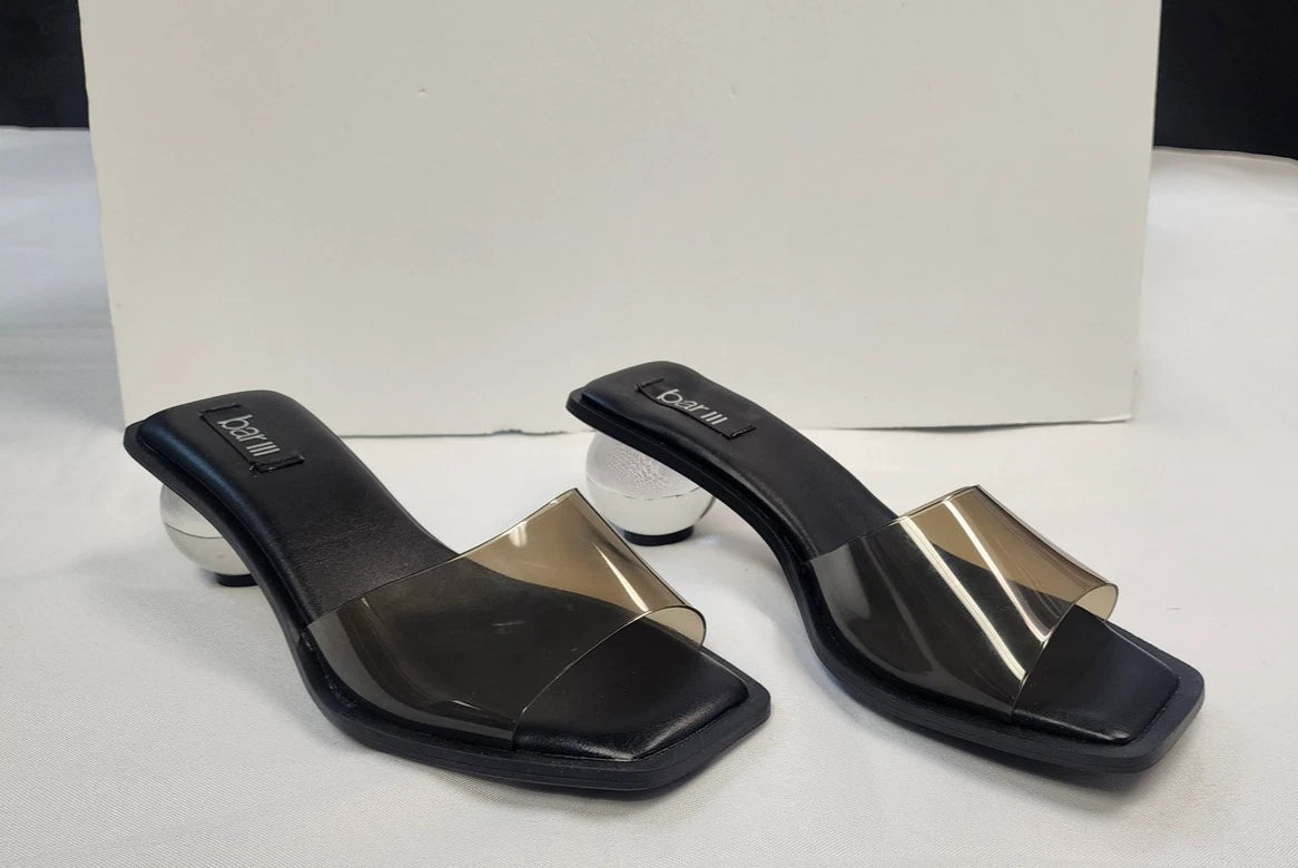 Bar III Shoes Womens Size 9M Black Clear Heel Slide Sandals Unique Modern Style