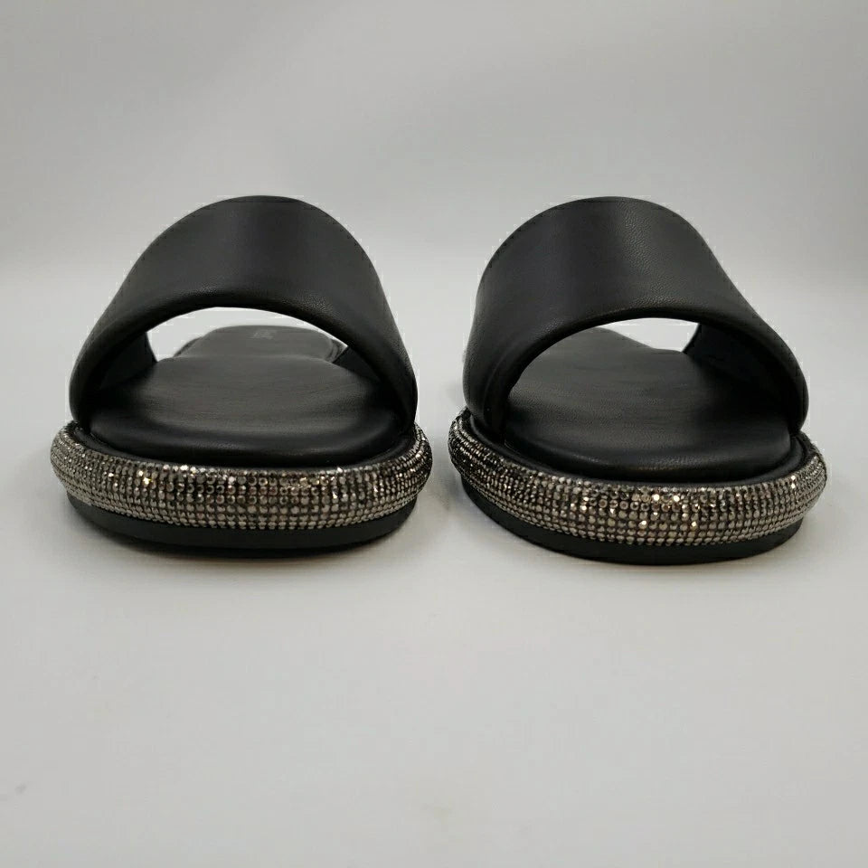 Womens Black Rhinestone Slides Open Toe Sandals Flip Flops Slipper Summer Shoes