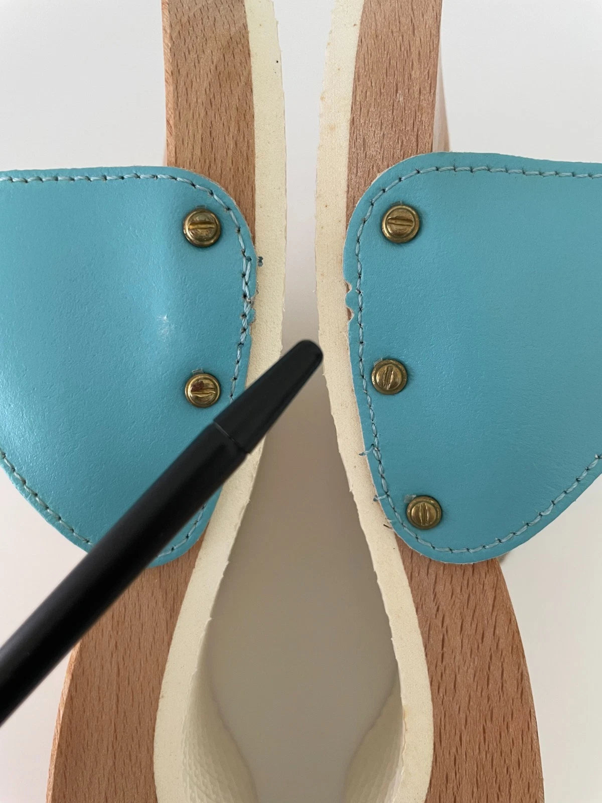 Dr. Scholl's The Original Wooden Sandals Slides Aqua Blue Leather Size 7 Italy