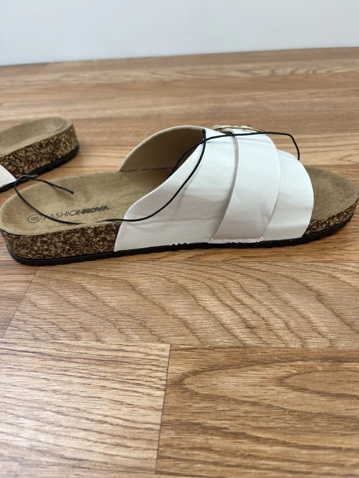 Fashion Nova True Statement Flat Cork Sandals White Slides Size 8 Women's NEW