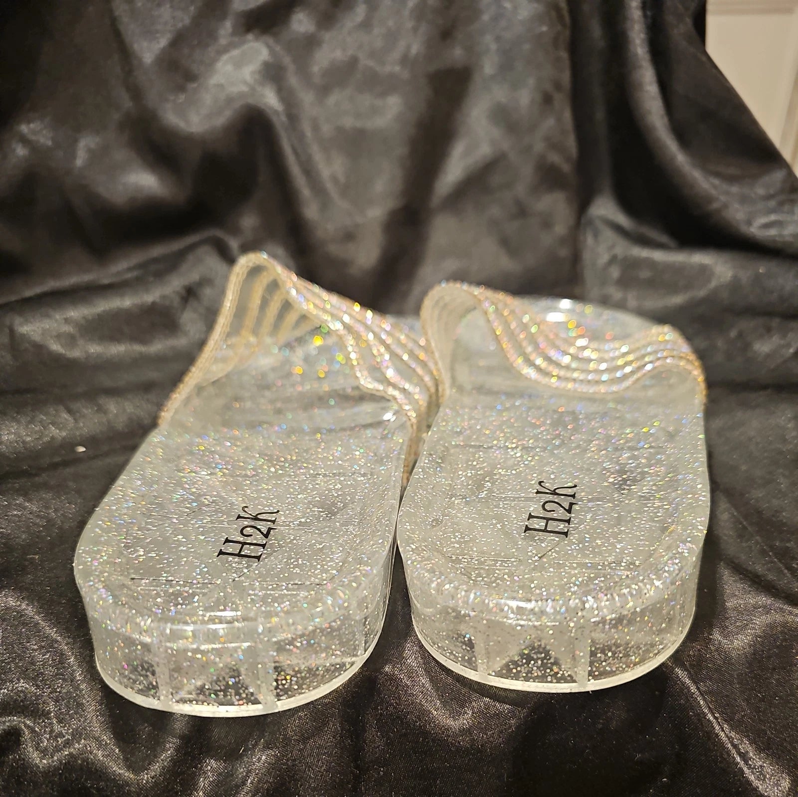 💎H2K CANDY Silver Color Glitter Beads Fashion Slides Flip Flops Sandals Bling💎