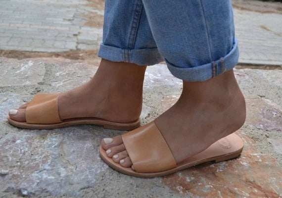 Ancient Greek style natural flat real leather slide sandals handmade minimalist