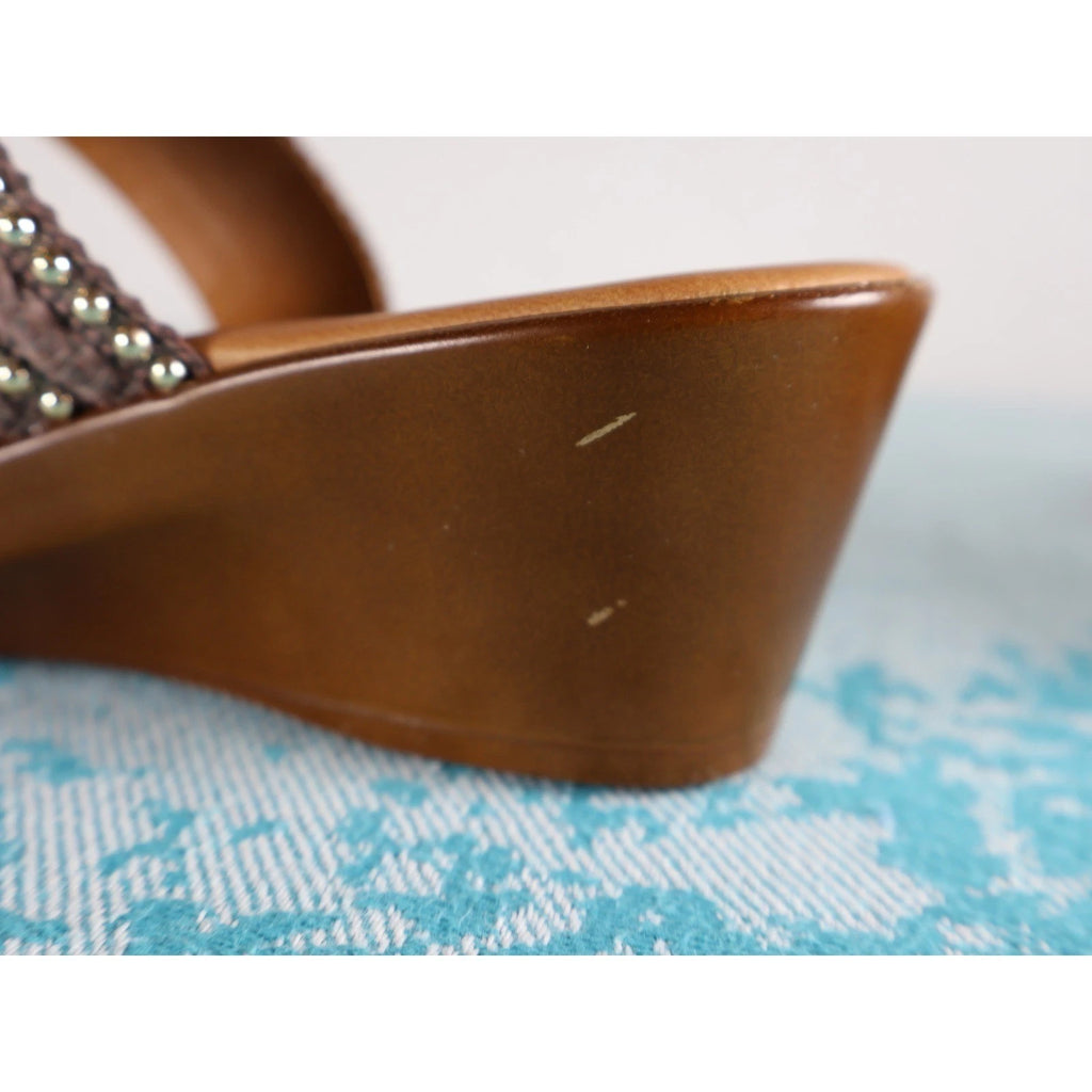 TOSCANELLA Wedge Sandals 8 Handmade in Italy Dark Brown Beaded Two Band  BOHO