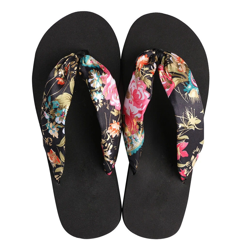 Women Fashion Floral Thong Flip Flops Summer Beach Anti Slip Black Sandals 7-8