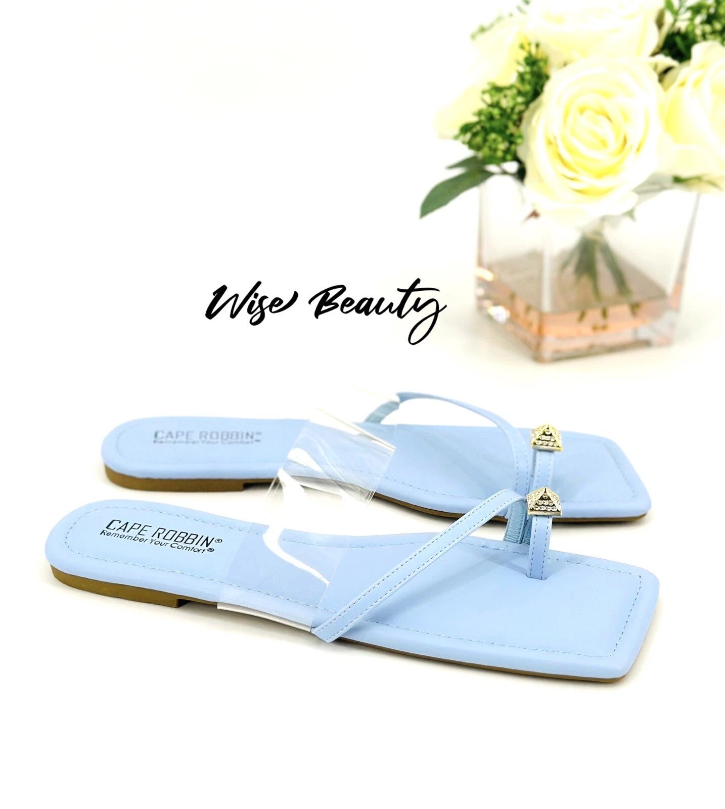 Cape Robbin Toe Ring Slide Sandals Women’s Size 9 Flats Blue Clear Gold NEW