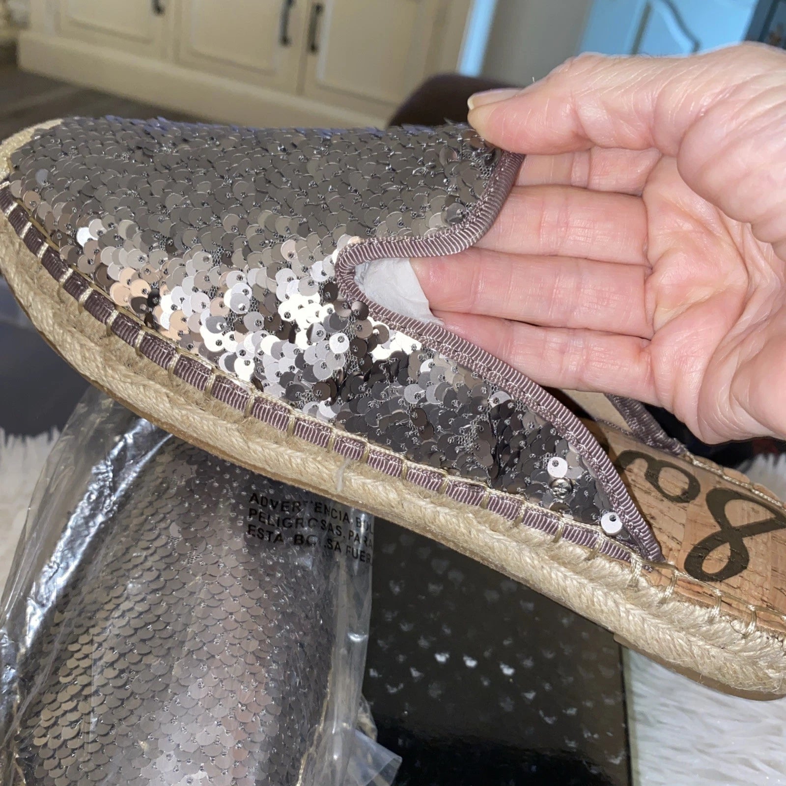 Sam Edelman Kerry Slip On Espadrille Slide Mule Flats Pewter Sequins Size 8 NIB