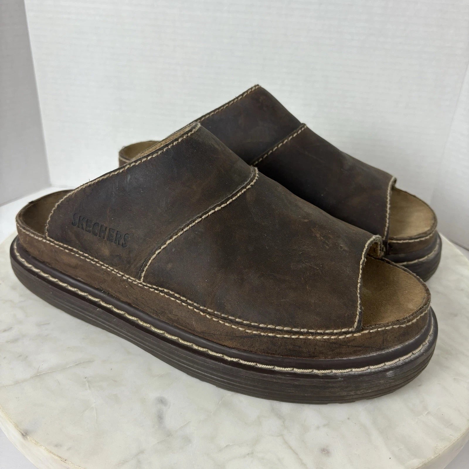 Y2K style chunky brown leather platform slides women's 11 Sketchers 90s 2000s