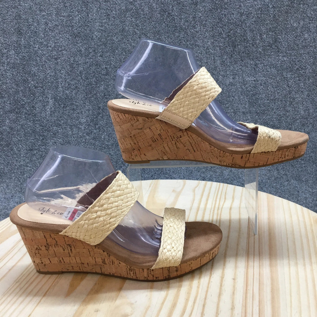 Style & Co. Sandals Womens 11 M Daliaa Wedge Slides Beige Faux Leather Cork NEW