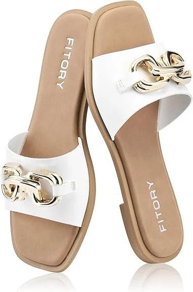 FITORY Women's Flat Sandals Fashion Slides Soft Leather Slippers Summer Size 11