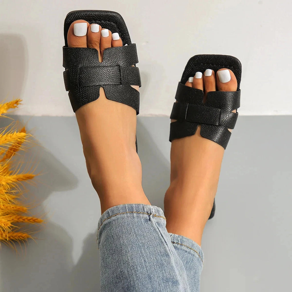 Women's Solid Color Slide Sandals, Lightweight Square Open Toe Slip On Shoes