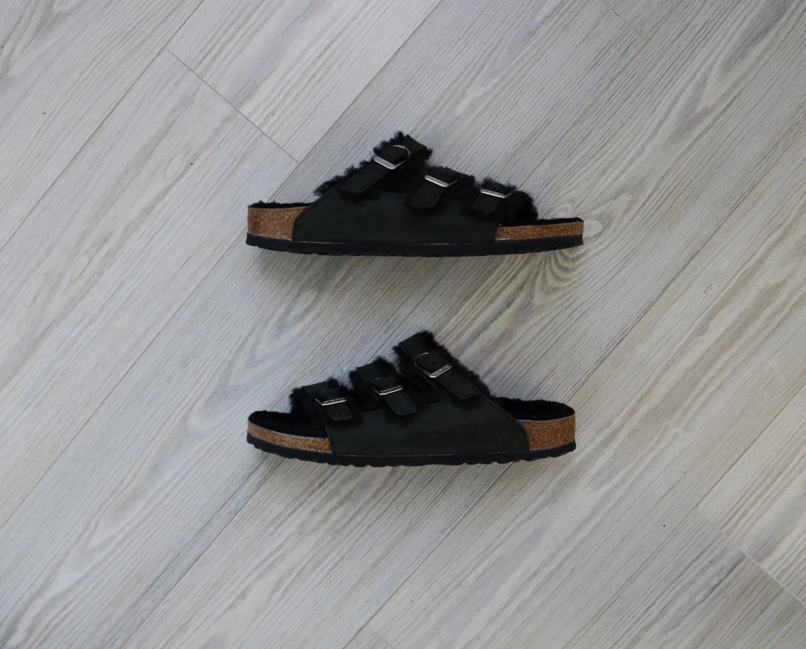 Birkenstock Florida Triple Strap Black Sandals Fur Lined EU 41 US W 10 US M 8.5