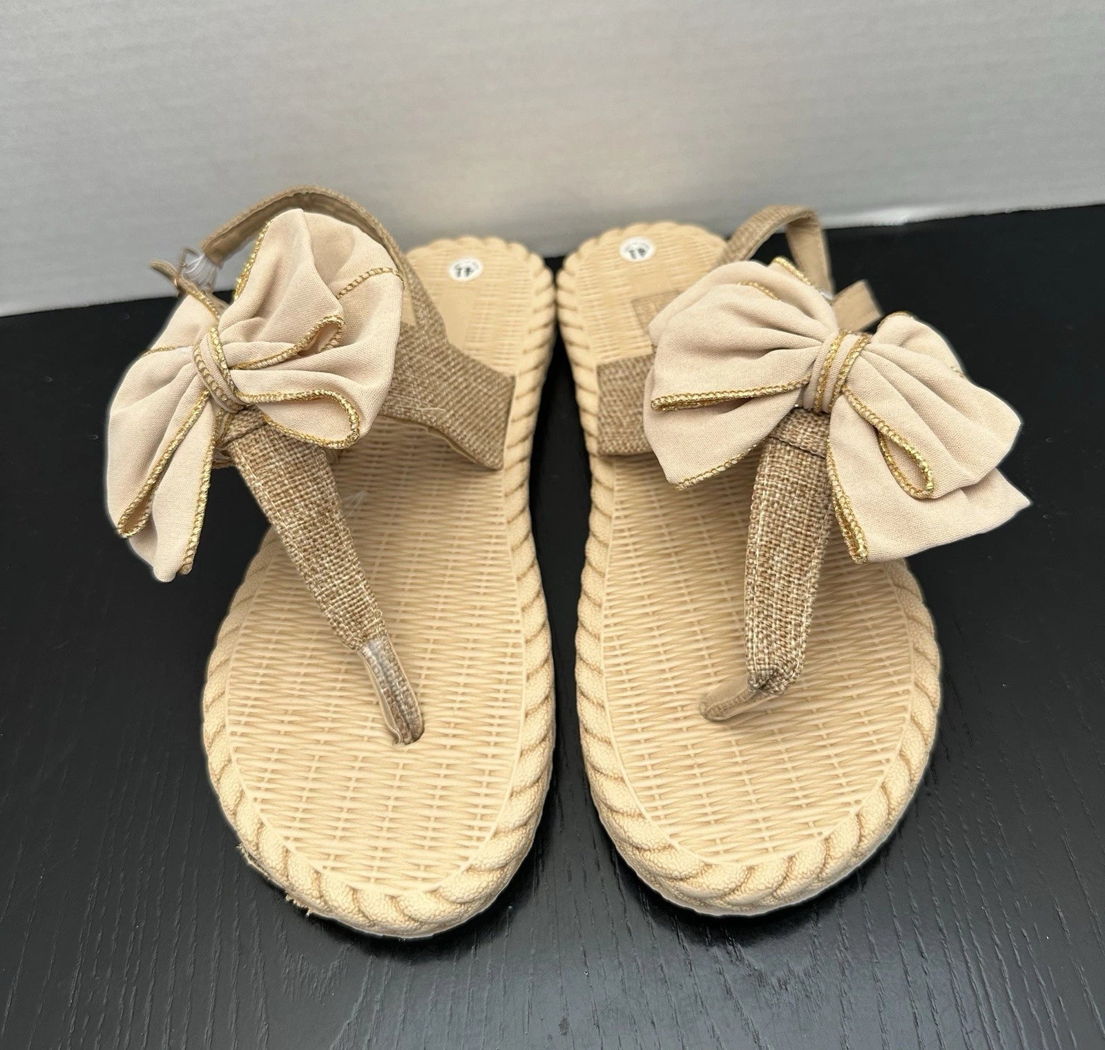 Flip Flop Thong Sandals Fashion Slides Bow Decor Khaki Size 41 US 9-9.5