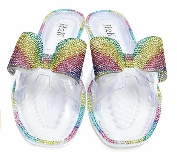 H2K Lucia Rainbow Fashion Jelly Slides Flip Flops Bow Sandals Bling Open Toe New