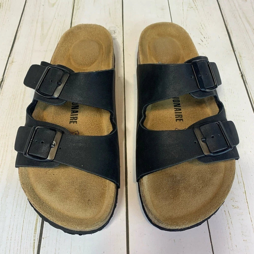 Cushionaire Lane Cork Footbed Slide Sandal Black Buckles Women's Size 7.5
