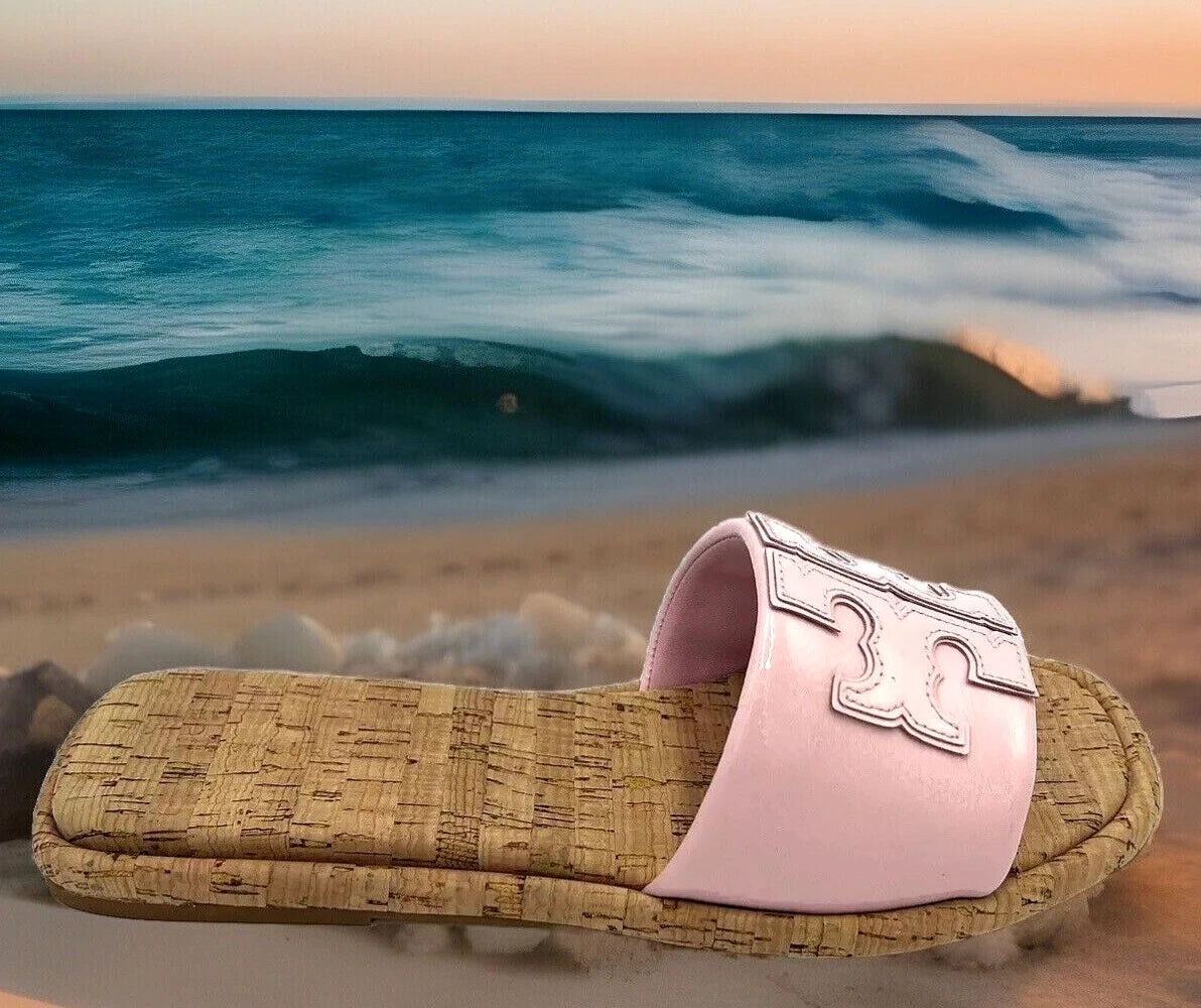 TORY BURCH DOUBLE T SPORT SLIDE SANDAL PATENT LEATHER PETUNIA/NATURAL SZ 10 NIB