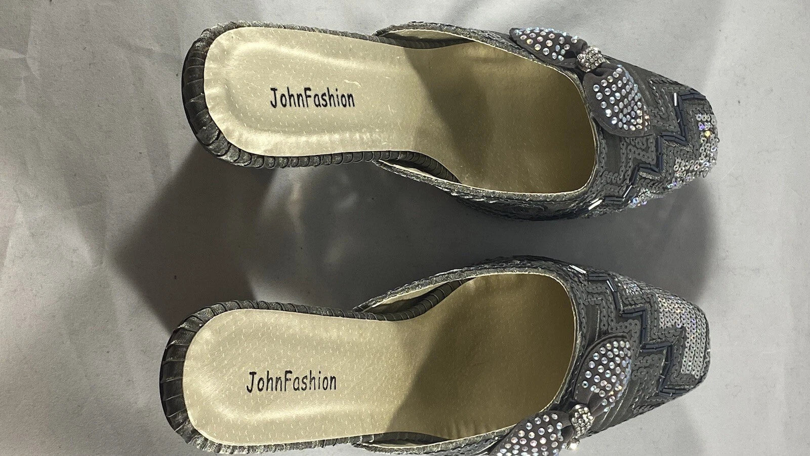 John Fashion Grey and Silver Jeweled Slides