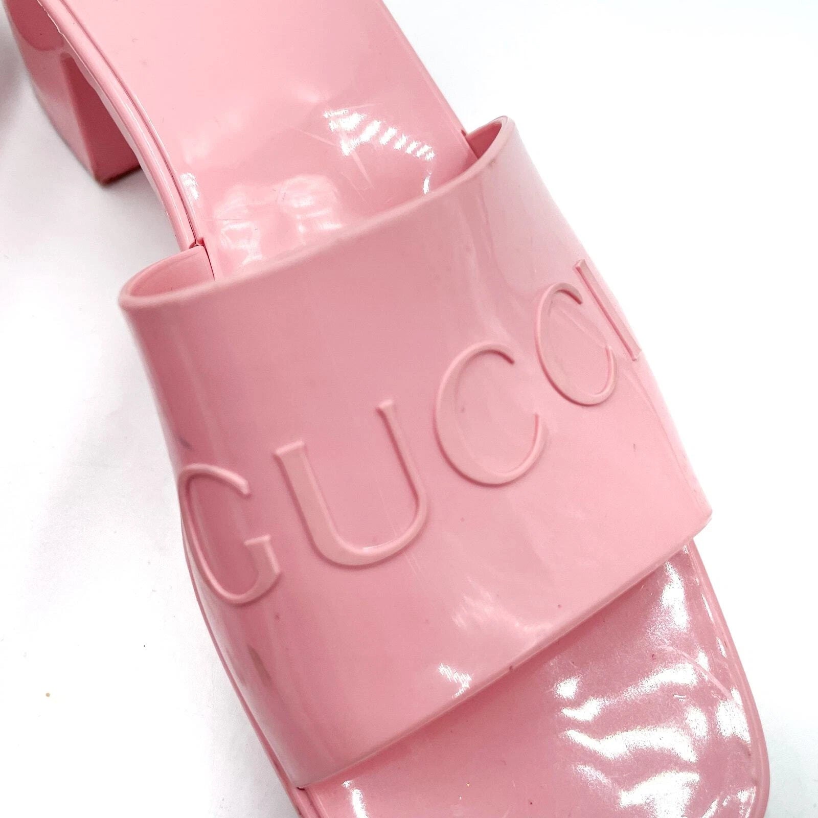 Gucci Rubber Slide Sandals Pink Logo Square Open Toe Block Heel Mules Sz 36 / 6
