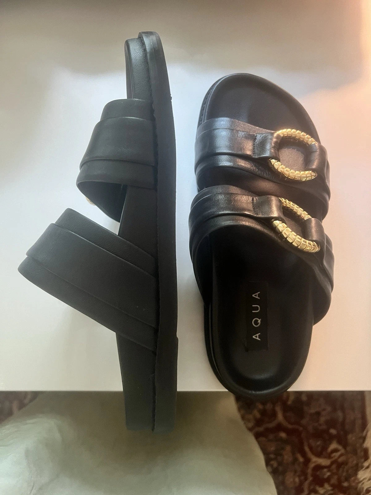 Aqua Bloomingdales Leather Arizona Style Slides Womens 7 Black Gold Black $128