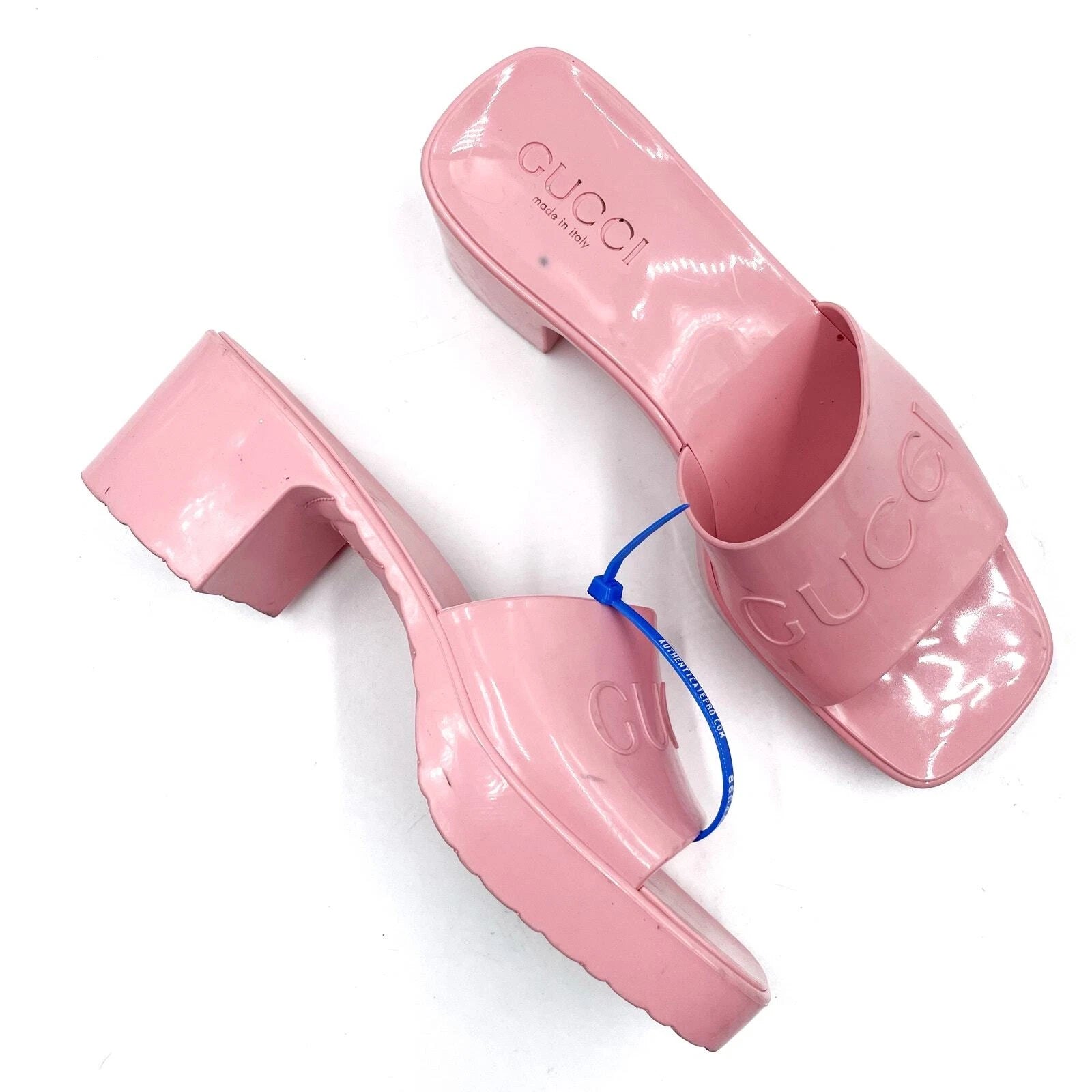 Gucci Rubber Slide Sandals Pink Logo Square Open Toe Block Heel Mules Sz 36 / 6