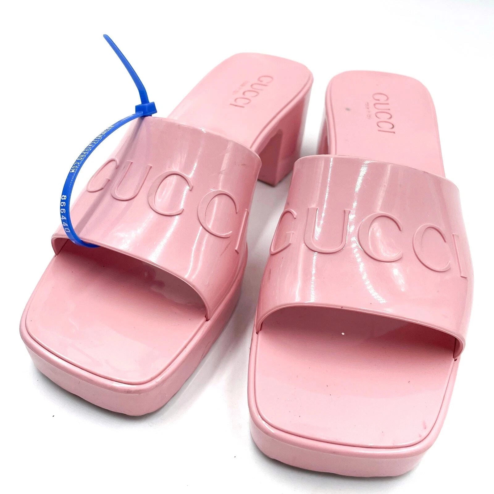Gucci Rubber Slide Sandals Pink Logo Square Open Toe Block Heel Mules Sz 36 / 6
