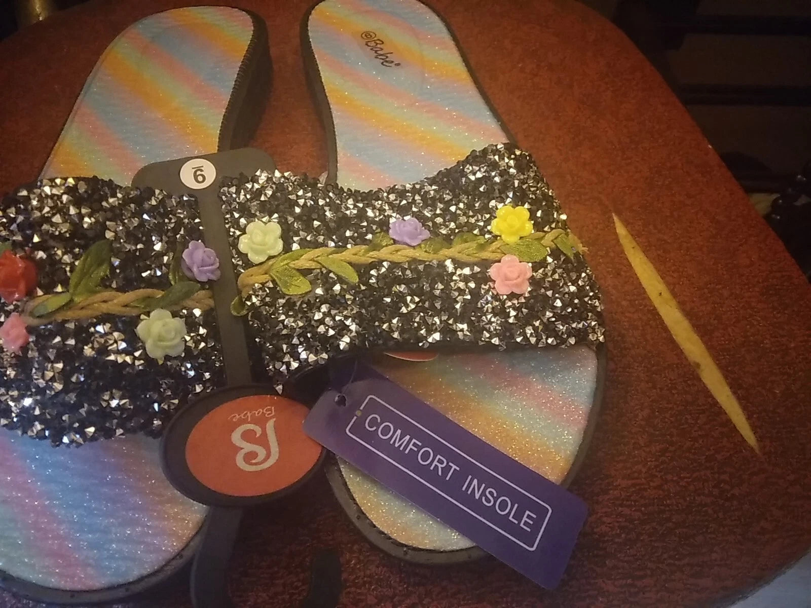 Babe's Rainbow Floral Black Women's Fashion Slides Slippers Size 9 (BRAND NEW)