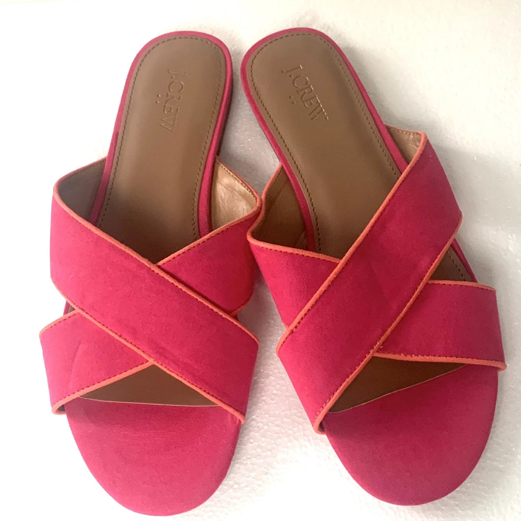 J. Crew Pink Sandals Slip On Slides Flat Criss Cross Faux Suede Women’s Size 9