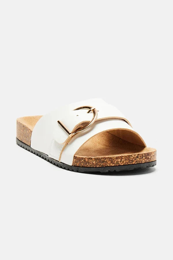 Fashion Nova True Statement Flat Cork Sandals White Slides Size 8 Women's NEW