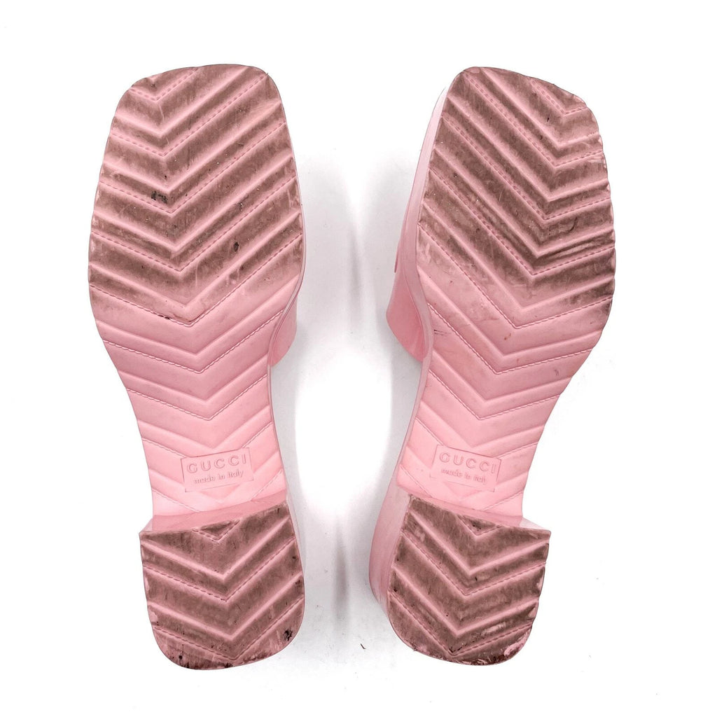 Gucci Rubber Slide Sandals Pink Logo Square Open Toe Block Heel Mules Sz 36 / 6