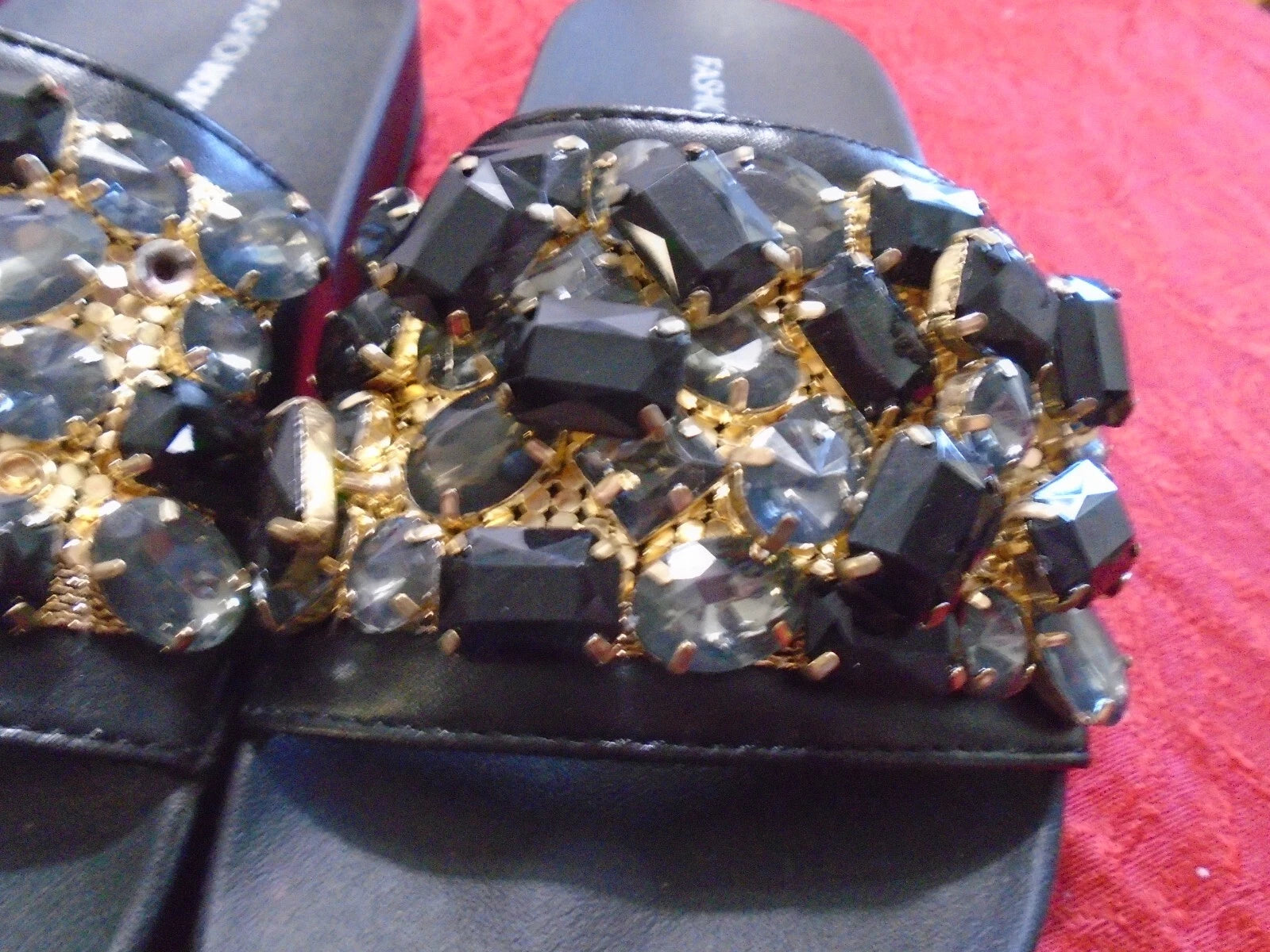 Fashion Nova "Mystery 1" Black Embellished Women's Slides Sandals Size 6 NIB
