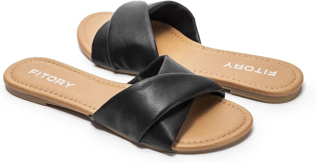 FITORY Women's Flat Sandals Fashion Slides Soft Leather Slippers for Summer US6