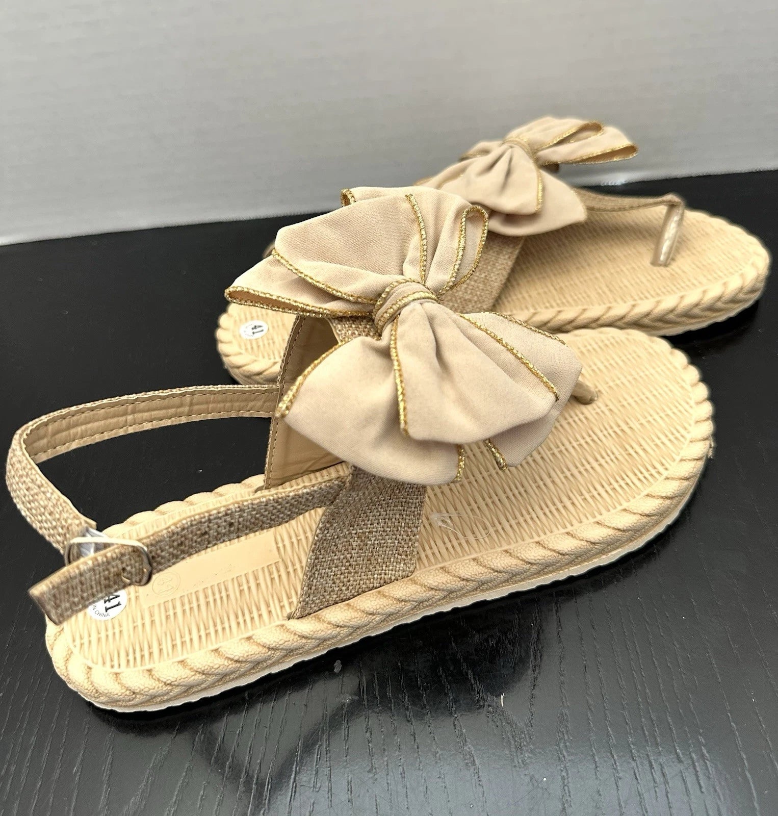 Flip Flop Thong Sandals Fashion Slides Bow Decor Khaki Size 41 US 9-9.5