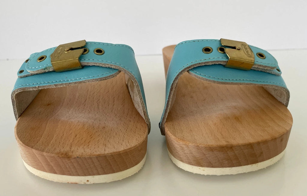Dr. Scholl's The Original Wooden Sandals Slides Aqua Blue Leather Size 7 Italy