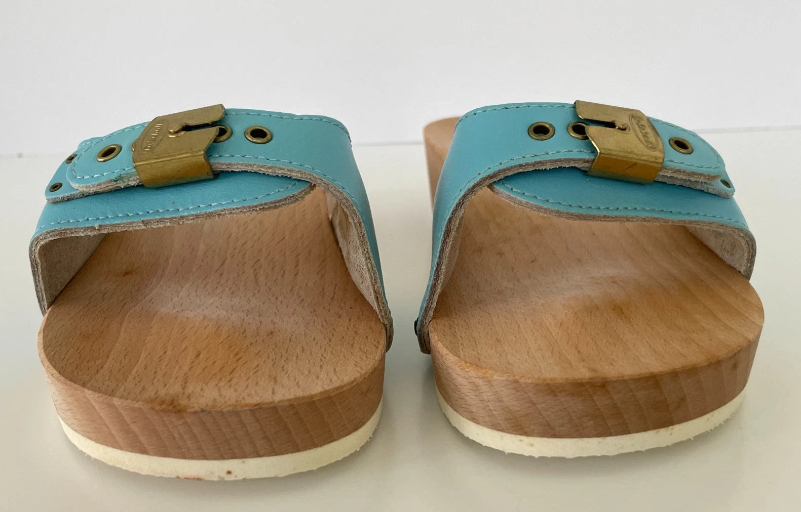Dr. Scholl's The Original Wooden Sandals Slides Aqua Blue Leather Size 7 Italy