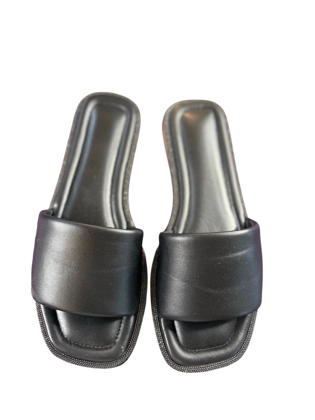 BRUNELLO CUCINELLI $895 Slide Sandal  Sparkling Monili Trim Blck Leather Sz 36.5