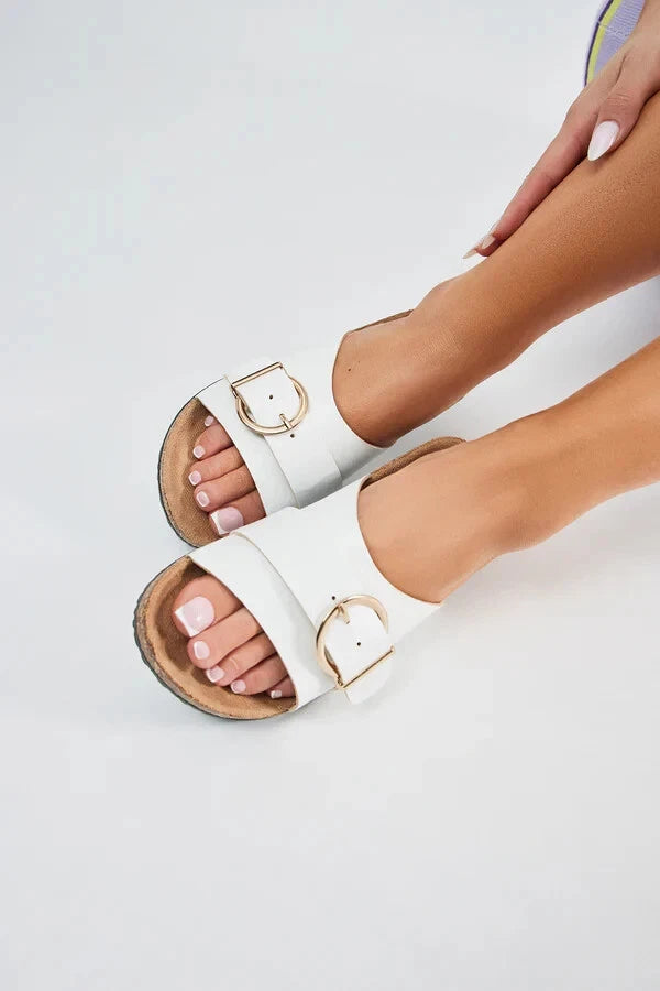 Fashion Nova True Statement Flat Cork Sandals White Slides Size 8 Women's NEW