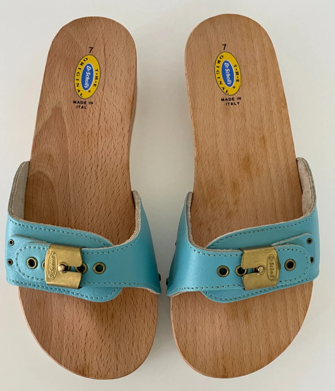 Dr. Scholl's The Original Wooden Sandals Slides Aqua Blue Leather Size 7 Italy