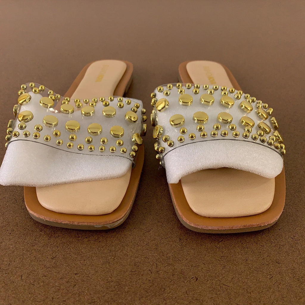 Fashion Nova Women's Shoe Size 9 Clear Gold Beaded Strap Square Toe Flat Sandals